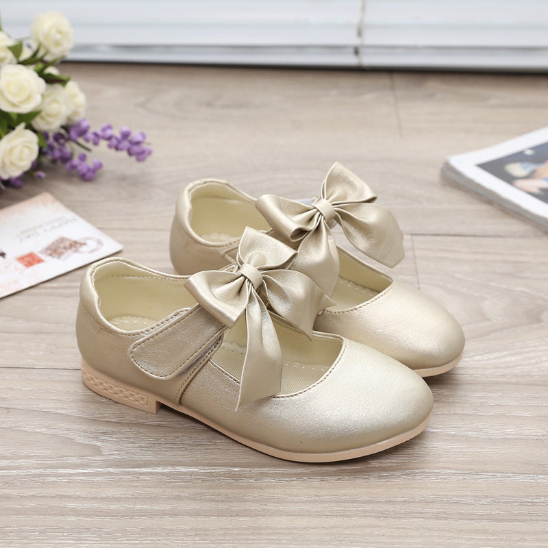 Girls' White Leather Princess Shoes with Bowknot