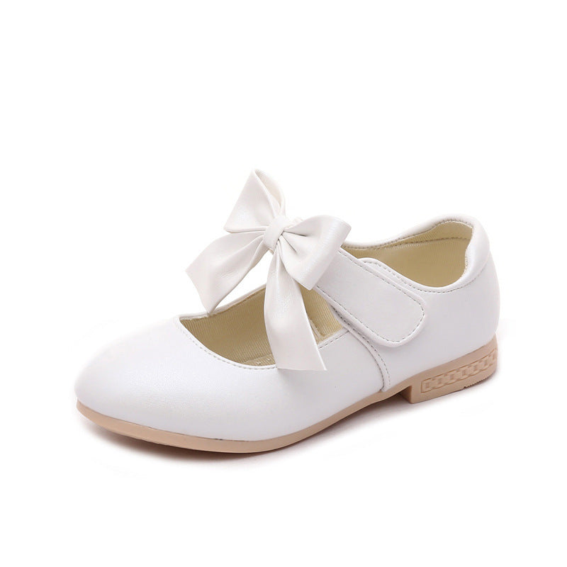 Girls' White Leather Princess Shoes with Bowknot