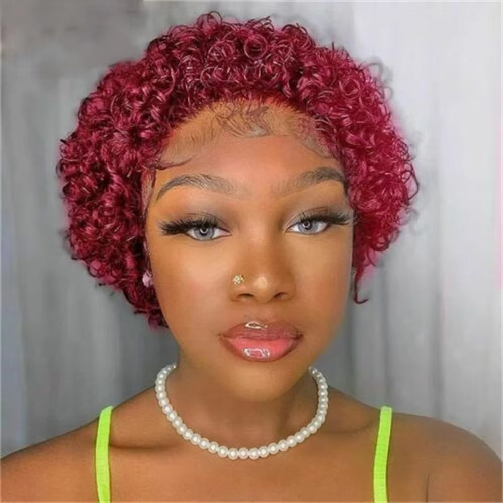 Pixie Cut 99J Color Lace Wig Spring Curl Short Human Hair Wig For Women Brazilian Burgundy Pixie Cut Wig - LIYAH MARKET