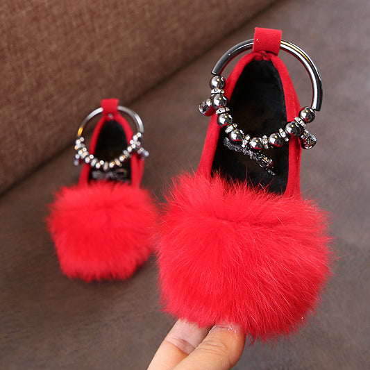 Girls' Princess Shoes with Flat Bow and Fur