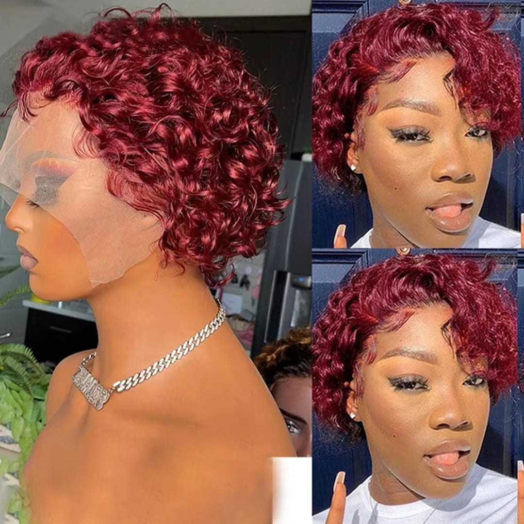 Pixie Cut 99J Color Lace Wig Spring Curl Short Human Hair Wig For Women Brazilian Burgundy Pixie Cut Wig - LIYAH MARKET