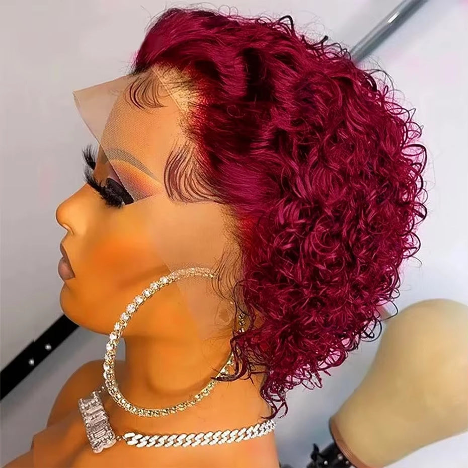 Pixie Cut 99J Color Lace Wig Spring Curl Short Human Hair Wig For Women Brazilian Burgundy Pixie Cut Wig - LIYAH MARKET