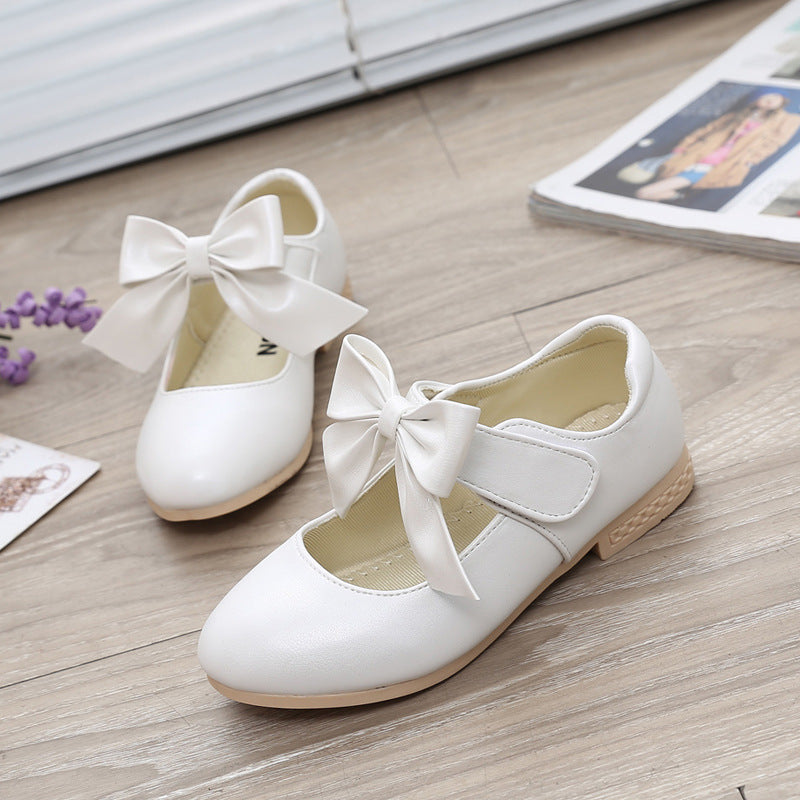 Girls' White Leather Princess Shoes with Bowknot