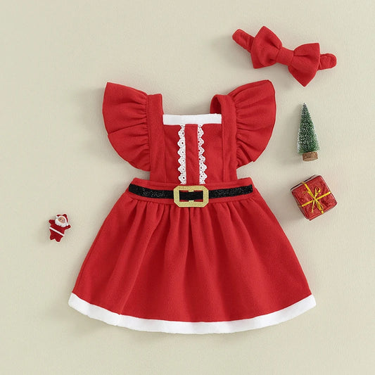 2023-08-04 Lioraitiin 6M-4T Toddler Girls Christmas Dress Ruffle Sleeve Belt Front Dress with Headband Baby Santa Outfit - LIYAH MARKET