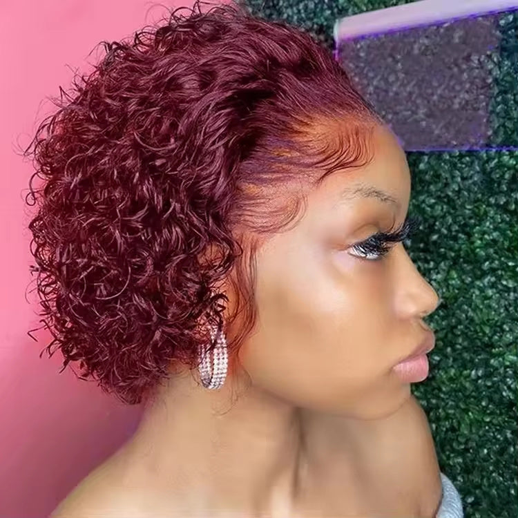 Pixie Cut 99J Color Lace Wig Spring Curl Short Human Hair Wig For Women Brazilian Burgundy Pixie Cut Wig - LIYAH MARKET