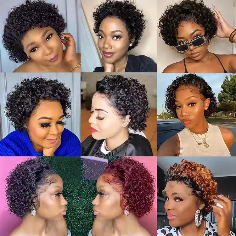 Pixie Cut 99J Color Lace Wig Spring Curl Short Human Hair Wig For Women Brazilian Burgundy Pixie Cut Wig - LIYAH MARKET